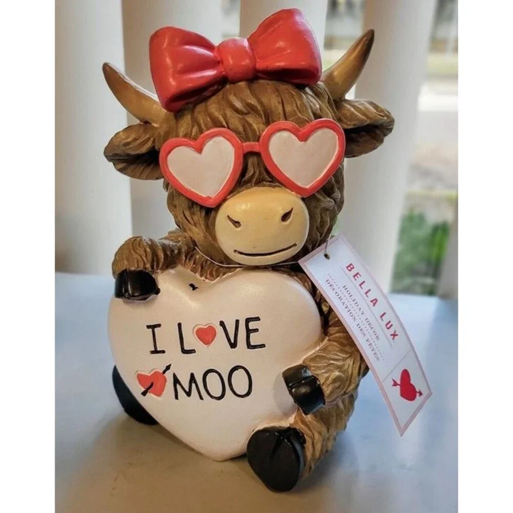 Viral Bella Lux Valentines Day Highland Cow Red Bow Heart Glasses I Love Moo NWT